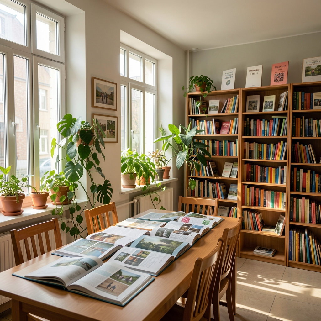Светао, уредан едукативни простор са природним светлом, отвореним часописима и зеленим биљем поред прозора, атмосфера читаонице