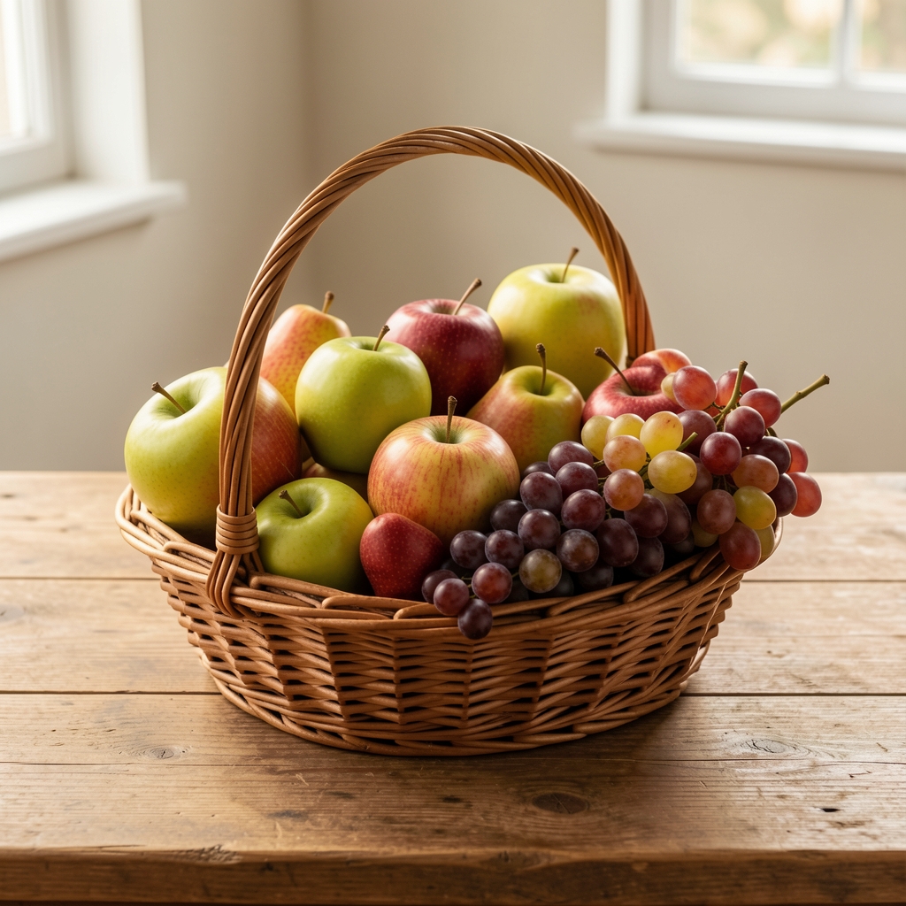 Разнолико свеже воће — јабуке, крушке, шљиве и грожђе у плетеној корпи на природном дрвеном столу у топлом дневном светлу