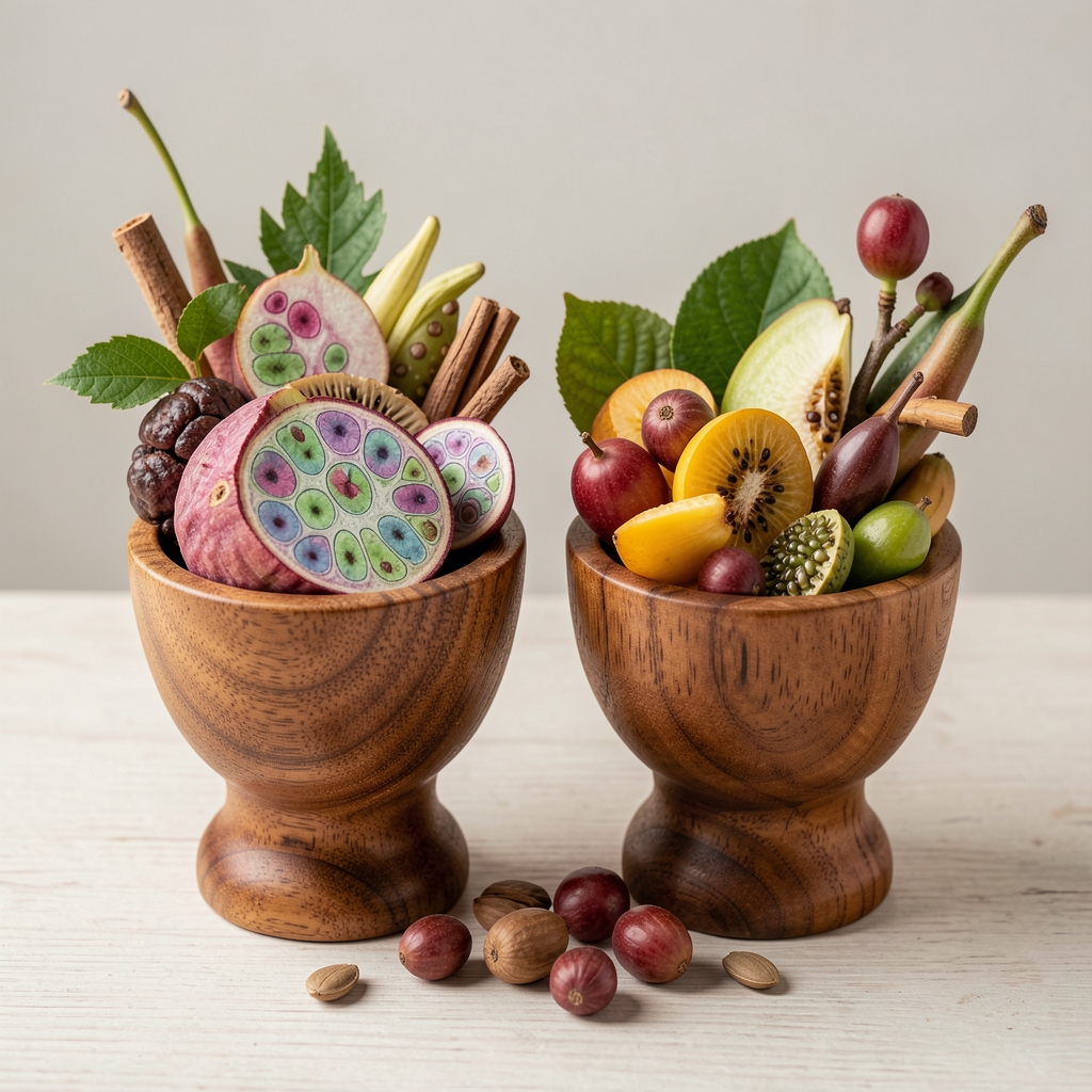 Микроскопски приказ биљних ћелија и природних структура уз истурена воћа и семенки у дрвеним чашицама, едукативна композиција о биолошким компонентама