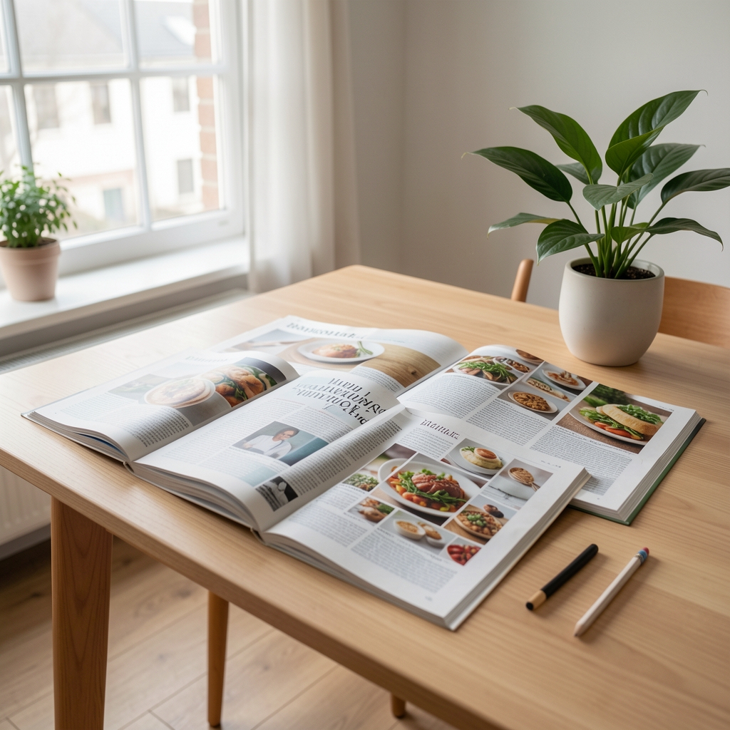 Уредни едукативни простор са отвореним часописима о исхрани, оловком и зеленим биљем у светлој, мирној атмосфери студијске собе